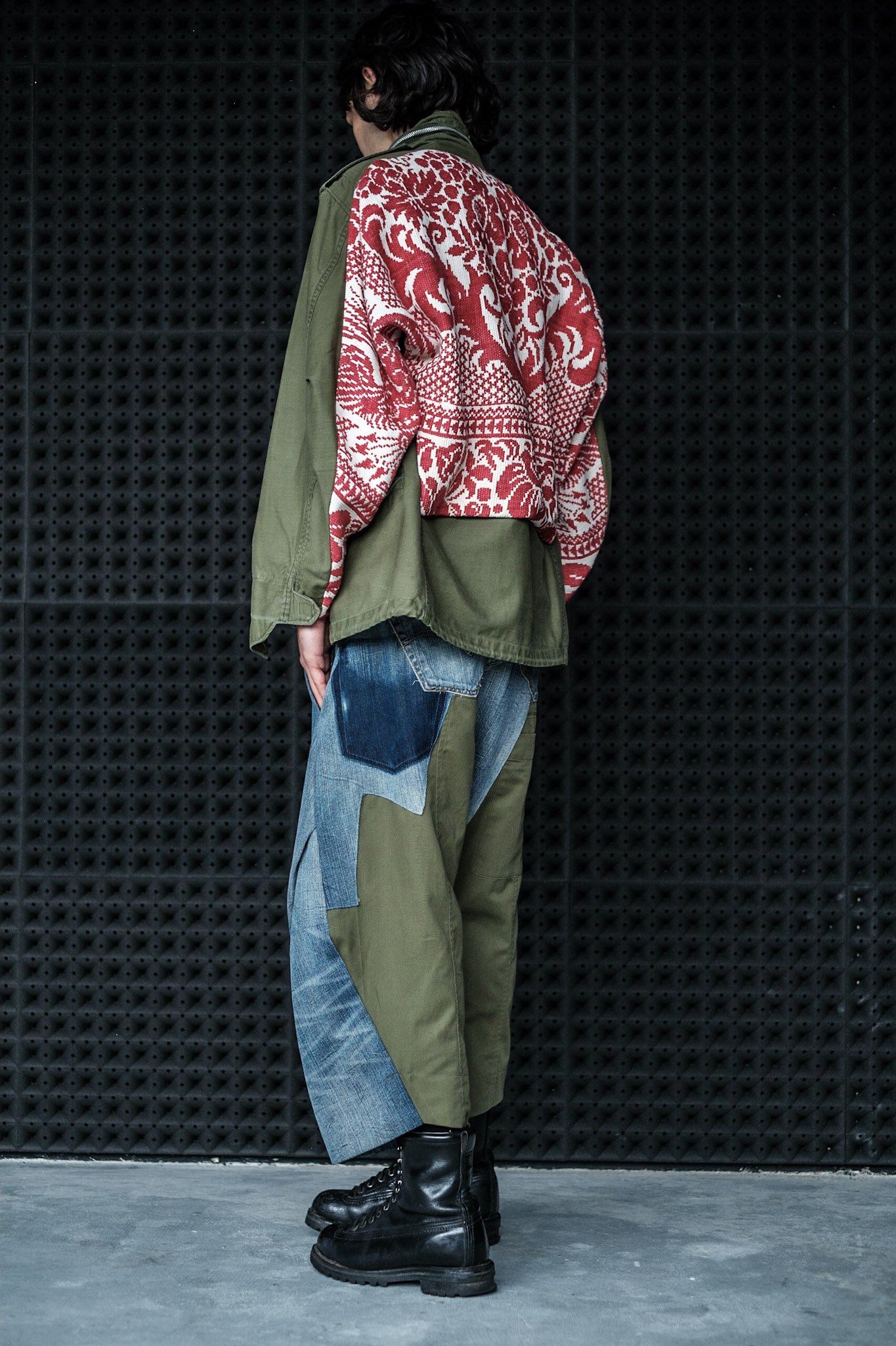 Upcycled Military Field Jacket with Antique Red Textile